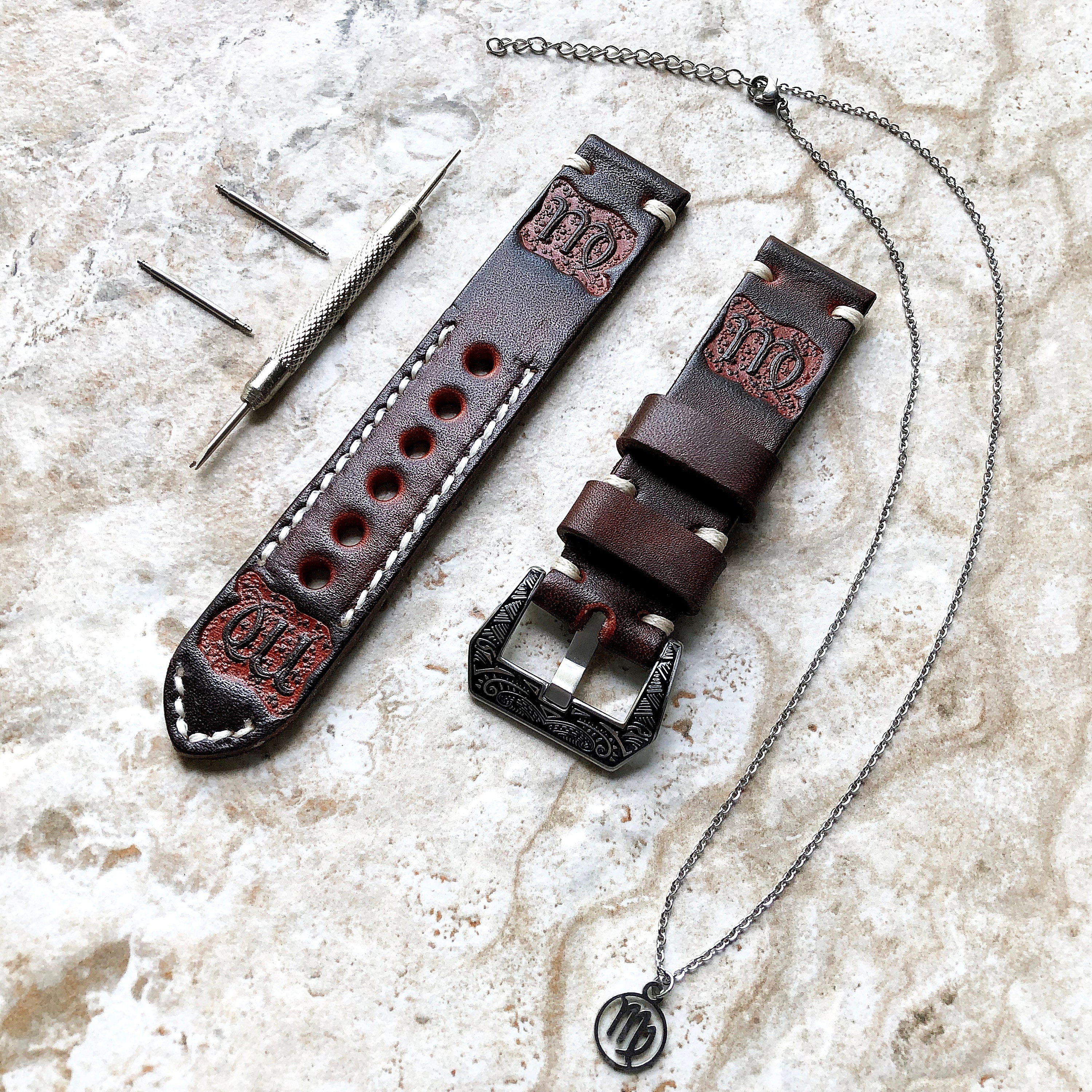 Virgo Zodiac Band 22mm 24mm 25mm Genuine Brown Leather Tooled Embossed Handmade Strap Bracelet Kit for Watches and 25" Pendants Necklace
